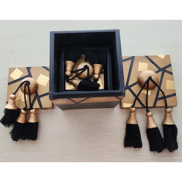 Nesting Boxes-Set of 3-Black & Gold Decoupage-Tassels - Picture 2 of 14